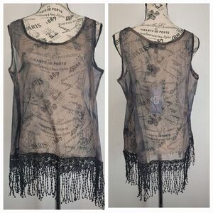 Pretty Angel Cami Tank M Silk Sheer Printed Fringe Artsy Whimsygoth Fairy Grunge